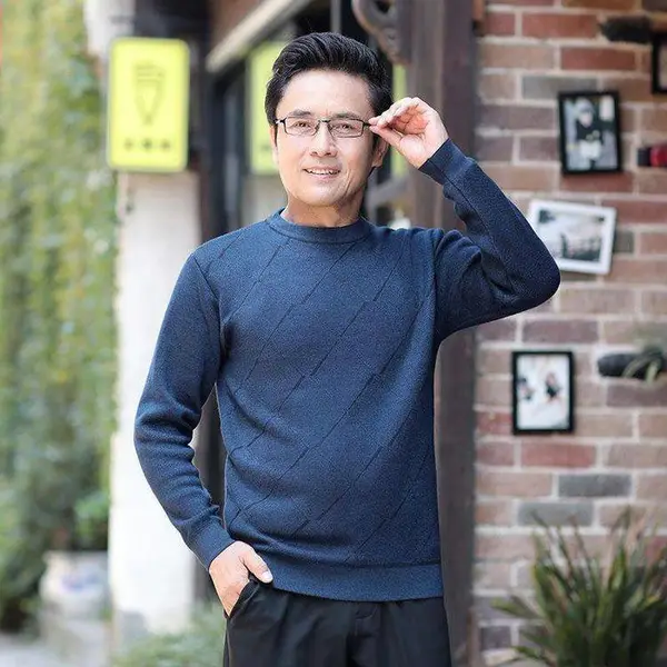 加绒加厚冬季针织上衣 中老年套头毛衣男士衬衫领假两件打底衫