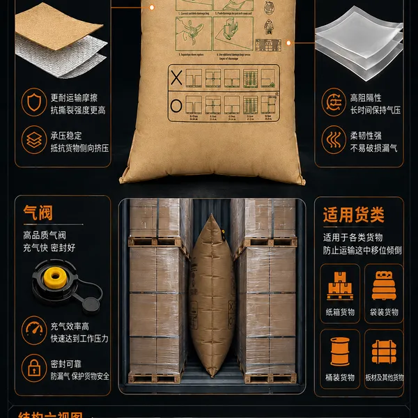 定制 高承压牛皮纸复合充气袋 集装箱防侧翻填充 可循环海运缓冲包