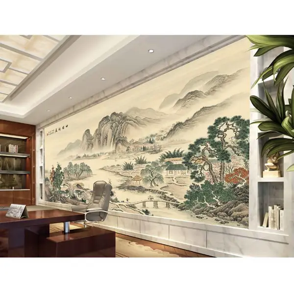 水墨山水大型壁画 卧室客厅办公室背景墙 中式怀旧壁画无缝定制