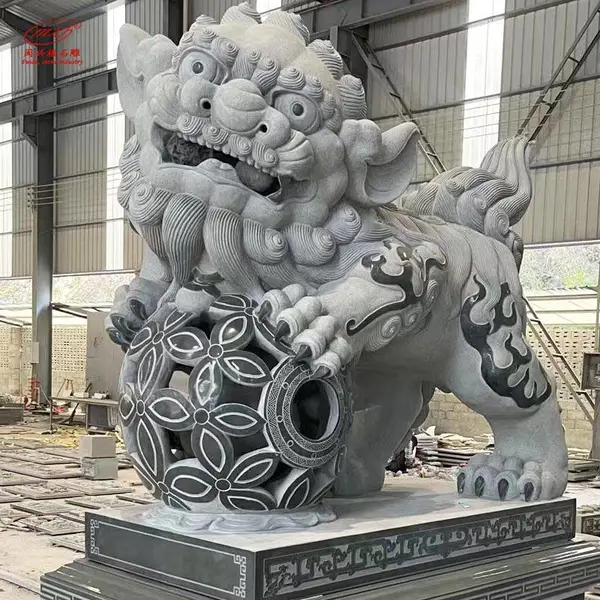 石材雕刻网球狮花岗岩景观寺庙大门献钱狮雕刻摆件
