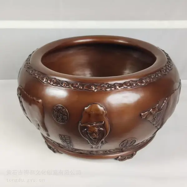 古铜都 铜摆件 铜器礼品 黄石特色礼品 商务礼品 铜工艺品 紫铜五牛聚宝盆