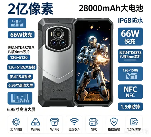 MTK6878 5G芯·12+512GB·6.95寸FHD+屏·2亿像素·28000mAh·IP68三防
