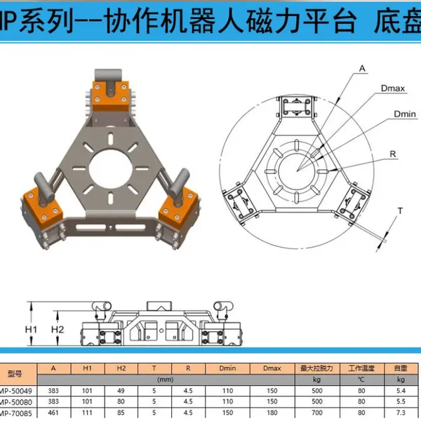 生产订制协作机器人磁吸底座底盘 适用 法奥 遨博 珞石 新松 华研