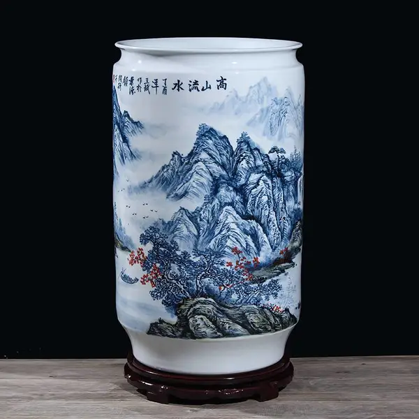 手绘山水系列陶瓷花瓶 书房落地摆件箭筒 瓷器书画筒客厅装饰落地花瓶