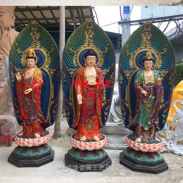 供应西方三圣带背光佛像/禅寺玻璃钢贴金佛像定制