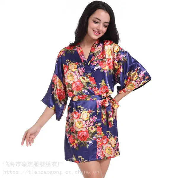 女士仿真丝印花晨袍 薄款宽松睡袍女夏 婚礼化妆短款开衫袍