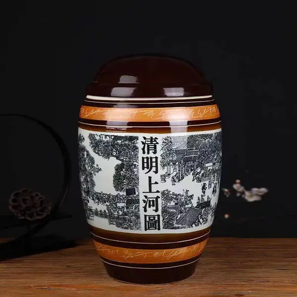 双盖陶瓷骨灰坛 清明上河图骨灰罐 殡葬迁坟捡骨罐生产批发工厂