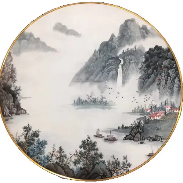 定制 刺绣湘绣100X100圆形新中式玄关客厅屏风双面绣手工山水花鸟成品挂画湖南湘绣纯手工工艺品
