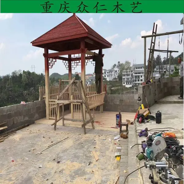 南川公园碳化木六角亭 景区仿古重檐亭 防腐木家用凉亭设计安装 众仁木艺