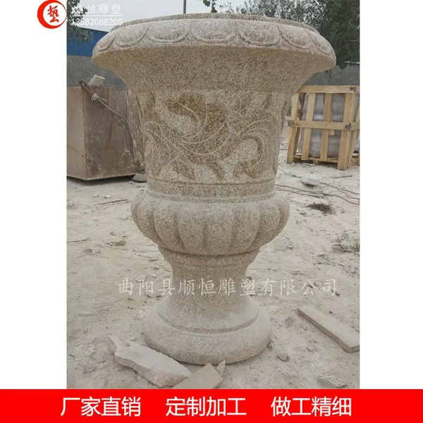 黄金麻花钵厂家 石材花岗岩 石雕成品花钵加工定制