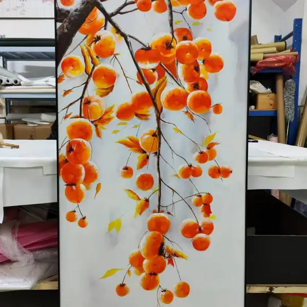 艺巢画业手绘柿子肌理油画 酒店样板房竖版招财手绘油画工程定制