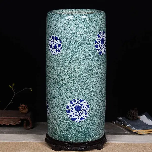 青花瓷箭筒卷轴缸书法字画收纳筒 书房客厅瓷器花瓶摆件