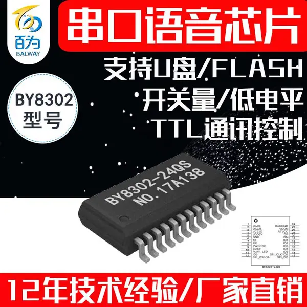 串口语音芯片 MP3音乐IC 支持插USB 外挂FLASH U盘 BY8302-24QS