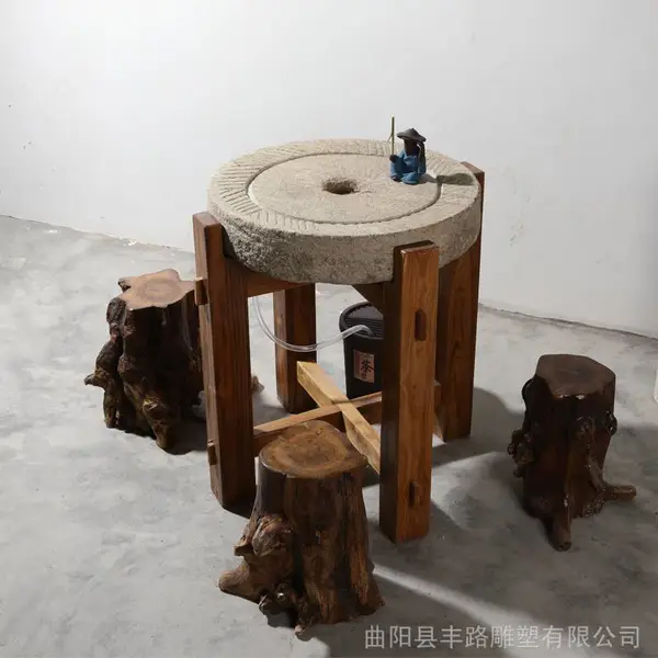 老石磨茶桌石头茶台木架底座旧磨片户外庭院石桌石凳家用摆件