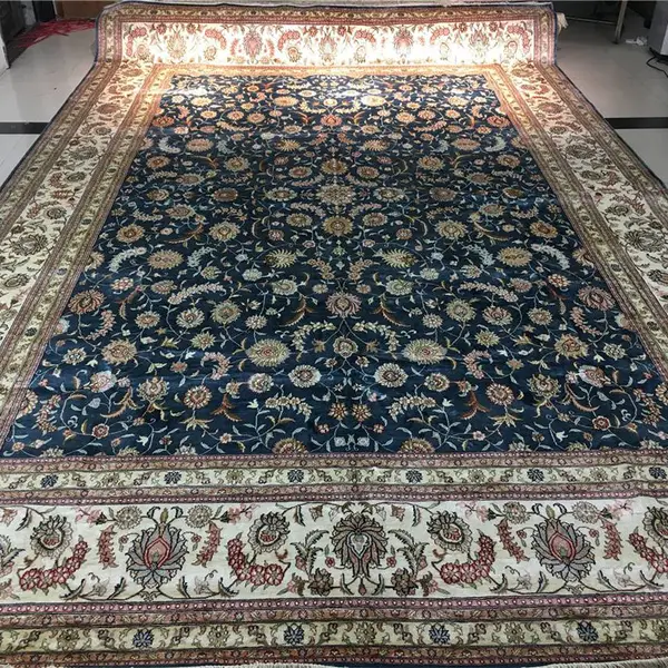10x14ft 手工编织真丝客厅专用波斯地毯湖蓝色大尺寸真丝波斯地毯