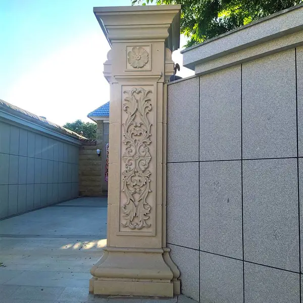 石雕门柱黄金麻浮雕刻花贴板石柱小区别墅门口装饰摆件定做