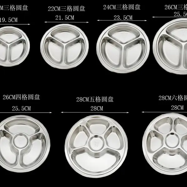 富邦餐具食品级304不锈钢三格四格五格六格圆形快餐盘工厂学校食堂分菜盘