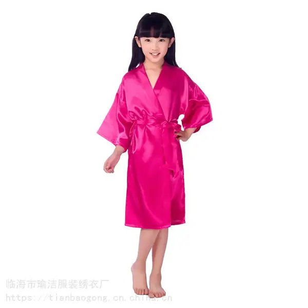 跨境天宝工 改良女童丝绸长款睡袍 素色夏季薄款仿真丝开衫睡袍