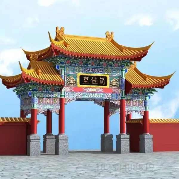 善帛村口古建牌楼制作 水泥四柱五楼仿古牌坊 简单古香古色门楼