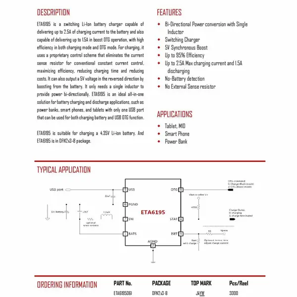 ETA6195D6I 钰泰单电感器 2.5A开关模式电池充电器