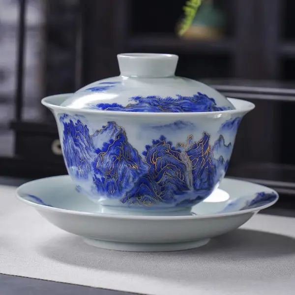 仿古传统金丝青花瓷盖碗 千里江山图三才泡茶碗 釉下手绘功夫茶具