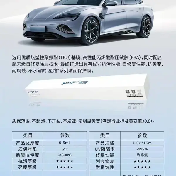 中国航天山由星路S95tpu透明漆面保护膜科思创基材车衣汽车国产